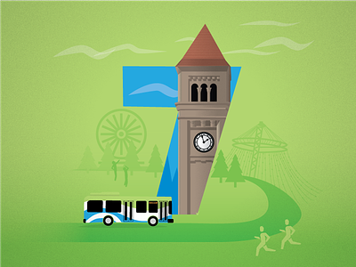 7 - STA Visit Spokane 7 bus clock clock tower ferris wheel flat illustration runners spokane tower