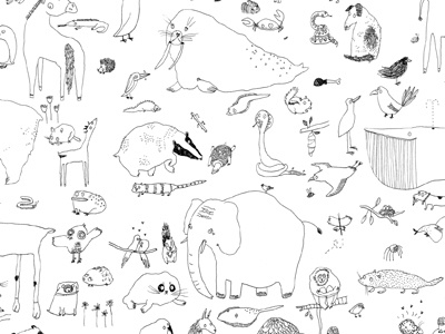 LOTS of animals black and white drawing illustration
