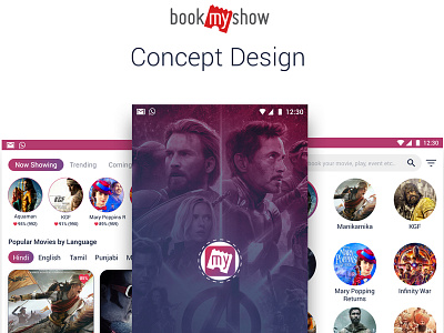 BookMyShow Concept Design android app booking app bookmyshow invisionapp marvelapp mobile ui mobile ux movie ticket prototype sketch app visual design