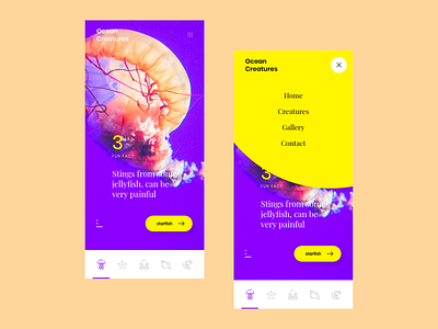 Ocean Creatures Fun Facts Concept App app concept contrast design interface mobile ocean ui ux violet yellow