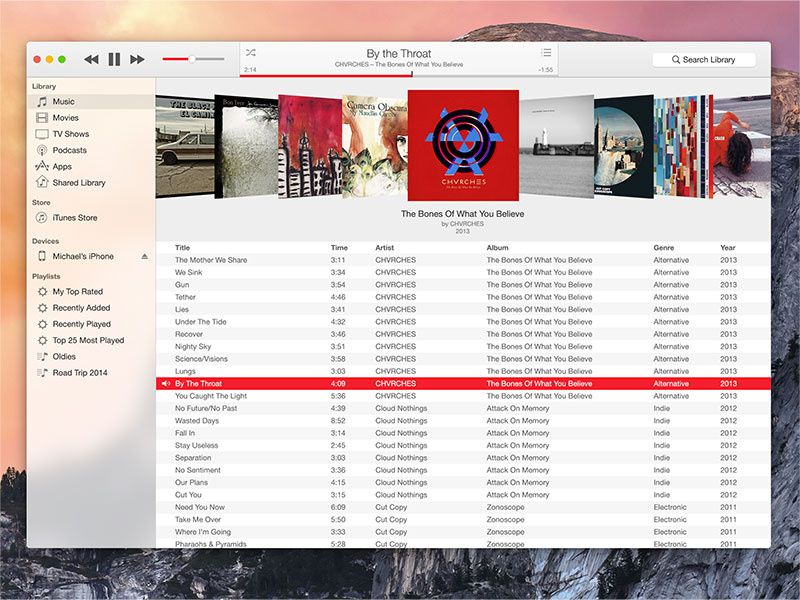 iTunes 12 Concept itunes music player osx mac ui gui coverflow yosemite vibrancy apple