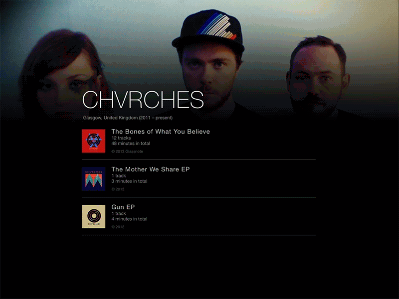 Player for iPad – Artist view album artist blurry chvrches icon music player repeat shuffle tablet timeline volume