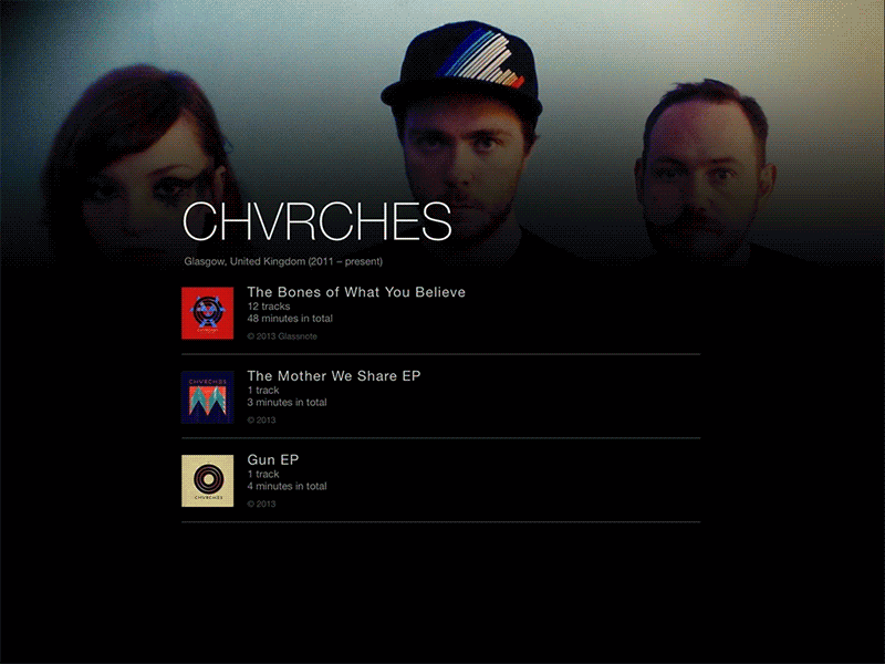 Player for iPad – Artist view chvrches icon tablet blurry volume shuffle repeat album artist timeline player music