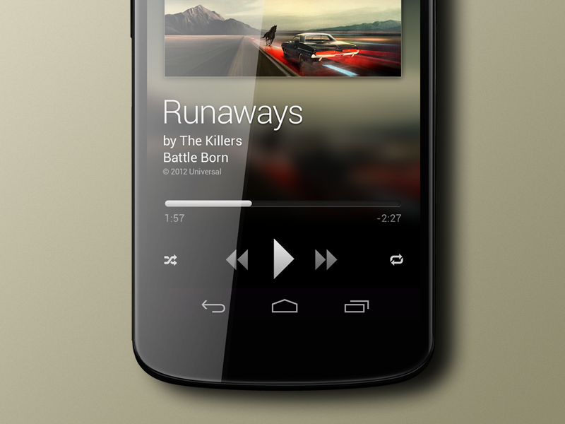 Player design music player timeline artist album repeat shuffle volume cover artwork blurry button android nexus nexus4 4 app icon