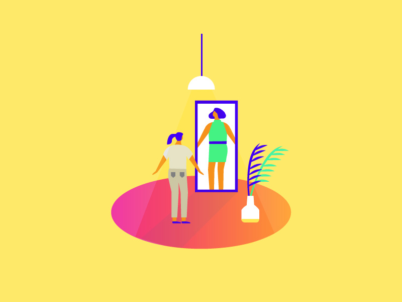 You are more beautiful than you think beautiful woman living room gradient plant mirror stress character vector motion graphic