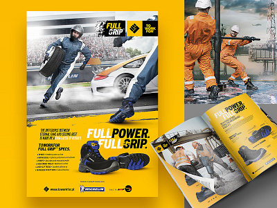 ToWorkFor - FullGrip. Collection logo, keyVisuals collaboration. blackandyellow branding design burningrubber construction design fist fullgrip graphic design grip keyvisual layerofrubber logodesign michelin pitbox power rubber safety shoes sole toworkfor
