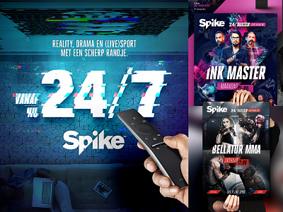 Spike - 24/7 Campaign concept and key visual designs. advertising branding channel concept design graphic design key visual netherlands spike television visual