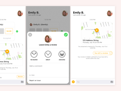 Meetup and Review chat ios location madeintoronto map meetup messaging messenger minimal review ui ux