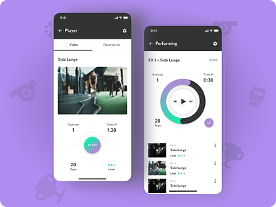 The Fitness App analytics app design figma fitness green library mobile mobile app sport sport app timetracker tracker ui ux video violet xd
