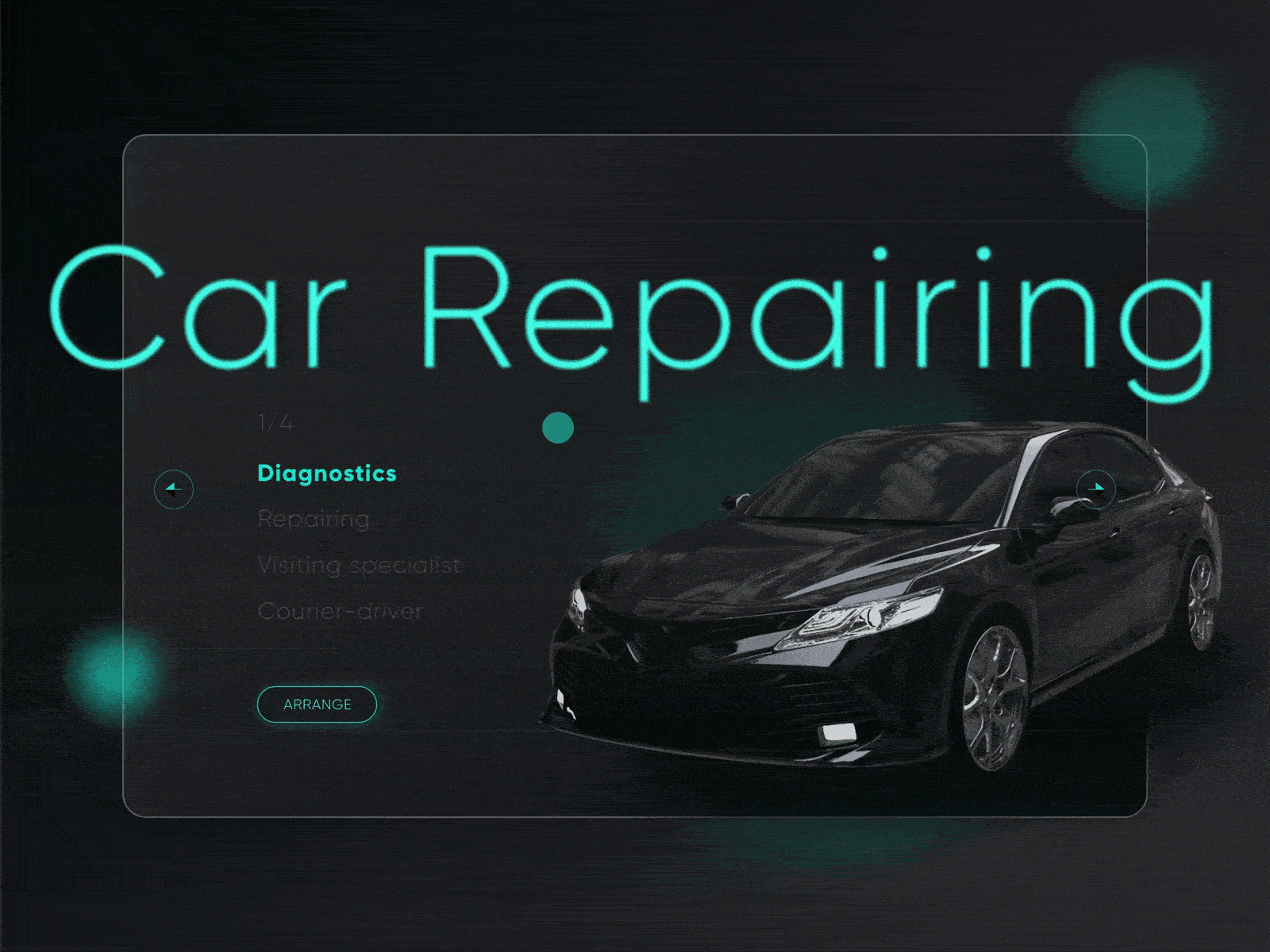 Car repairing service animation app auto black car creative figma first screen green neon repair service ux vehicle web webdesign website xd