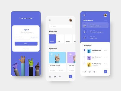 Learnifier — online education app 3d card course education app learning app lesson menu planner purple schedule school sign in sign up toolbar university