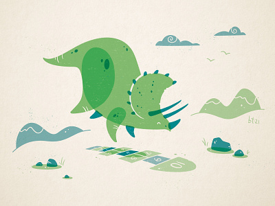 Tricera-Scotch character design cute digital illustration dinosaur hopscotch illustration retro triceratops vintage