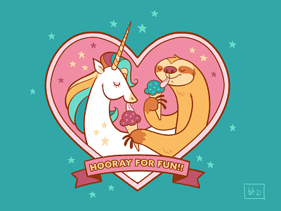 Hooray For Fun!! character design cute digital illustration fun heart ice cream illustration rainbow sloth unicorn