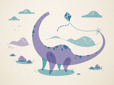Brachio-SOAR brachiosaurus character design cute digital illustration dinosaur flying a kite illustration kite retro vintage windy