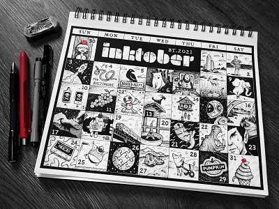 (mini) Inktober 2021 2021 black white calendar illustration ink inktober inktober 2021 mini paper pen small tiny