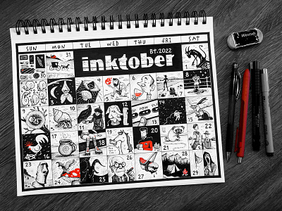 (mini) Inktober 2022 2022 black white black and white black white calendar illustration ink inktober inktober 2022 mini paper pen small tiny