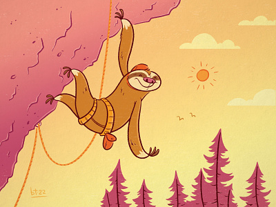 Slow Ascent belay bouldering character design cliff climber climbing cute digital illustration illustration retro rock rock climber rock climbing rope sloth sunset vintage