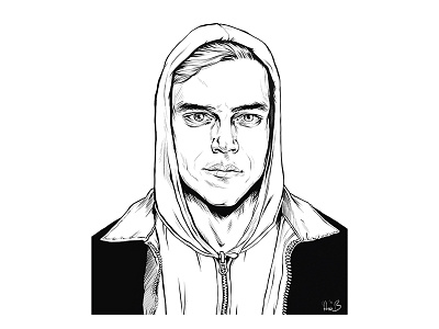 Elliot black and white illustration ink illustration mr. robot