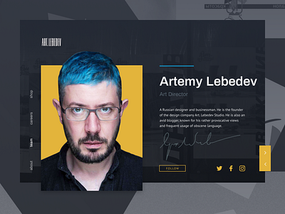 Profile Page artemy lebedev black blue design minimal pro100challenge profile page typography ui ux web website yellow
