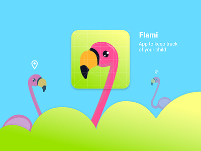 Icon for Mobile App Flami app app icon bird blue dailyui005 design flamingo green icon illustration location minimal mobile app mobile icon pink pro100challenge ui ux vector