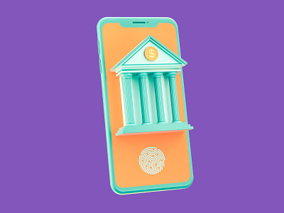 Online Banking 3d 3d icon 3d illustration bank banking building cinema 4d coin coins dollar finance financial fingerprint icon iphone mobile money phone smartphone touch