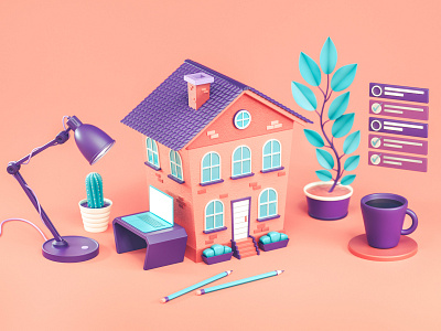 Working from home 3d 3d illustration architecture building cactus cinema 4d cup illustration isometric office plants stylized tasks work working from home working process working space