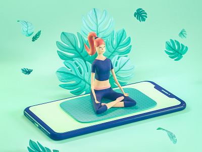 Mindfulness 3d 3d character app character cinema 4d design girl illustration iphone meditation mindfull mindfulness nature octane phone plants textures woman yoga