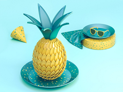 Summer Vibes #1 3d abstract cinema 4d design fruit illustration low poly octane pineapple still still life summer sunglasses yellow