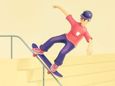 Sliding down 3d character character design cinema 4d design illustration motion graphics octane skate skater stairs urban
