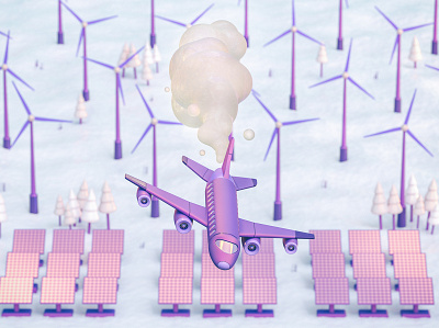 Future of Transportation - Airplane 3d 3d illustration airplane cinema 4d climate change design editorial illustration octane plane smoke solar panels transport windmill