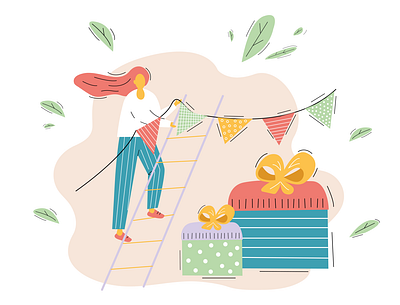 birthday concept 2d art app charachter colour concept decorating flags flat gift box girl illustration ui ux vector