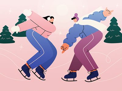 Let's dance together! 2d 2d art adobe illustrator ai charachter christmas tree colour dancing flat fun gradient ice illustration outdoors skates skating snowflakes vector winter winter sports