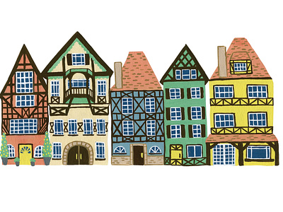 Half Timber Houses gouache illustration