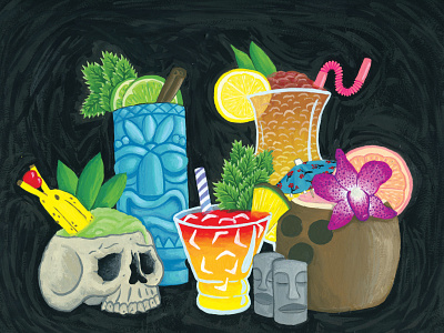 Tiki gouache illustration painting tiki tropical