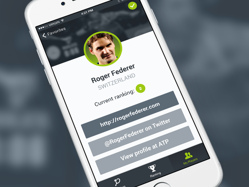 Tennis app Profile screen ionic iphone material flat scores ranking profile players tennis