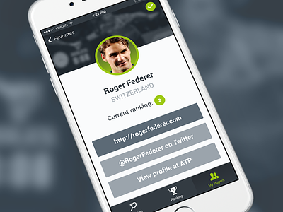 Tennis app Profile screen flat ionic iphone material players profile ranking scores tennis