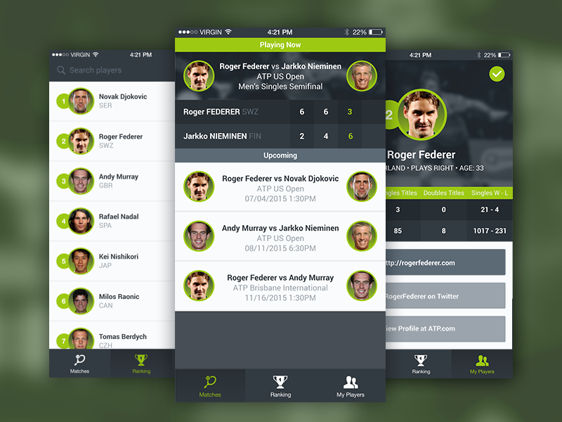 Tennis app demo ionic iphone material flat scores ranking demo players tennis