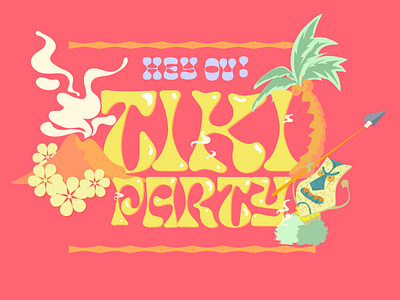 Tiki Party cartoon character engraving hawaii illustration tropical type vector