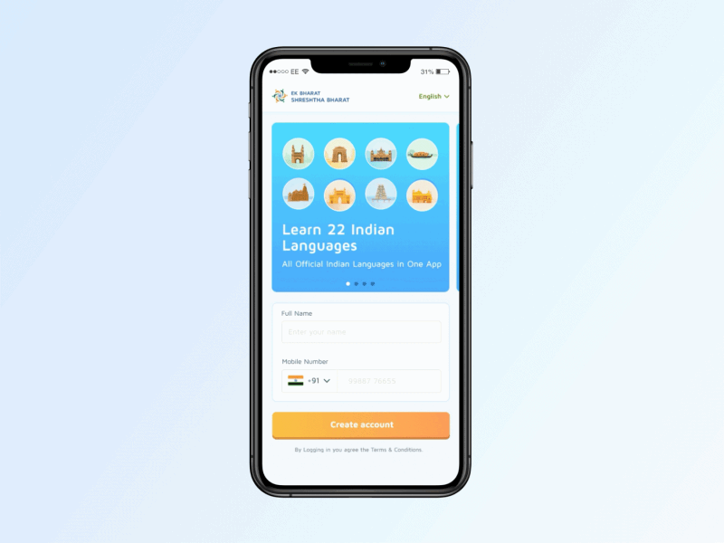 Bhasha Sangam App Login android app animations app design bhasha sangam illustration india language language learning multibhashi uiux