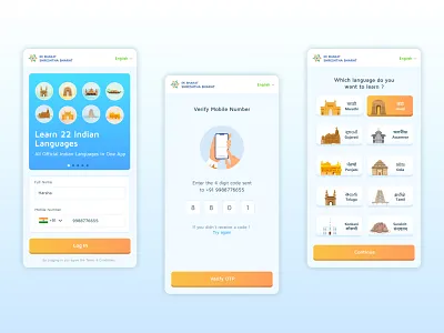 Bhasha Sangam App Onboarding app design bhasha sangam illustration india language learning multibhashi ui