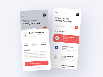 Job search app cards description filters ios app design job board job listing job search profile page