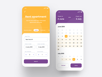 Rent app calendar city days hotel ios mobile app onboarding rent search