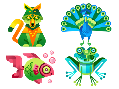 Animals color design fish flat flat design fox frog peacock vector