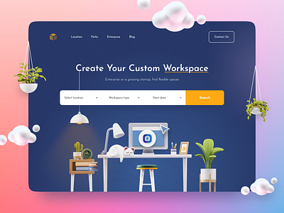 Create Office / Workspace Landing page ux ui co-working space finder work from home office booking co-working space web office landing page homepage work space dark ui oneclickitconsultancy landingpage search 3d