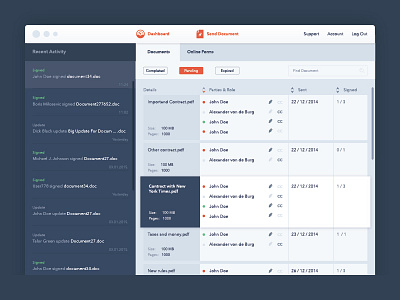 Dashboard for online document signing dashboard document management documents information architecture signature ui