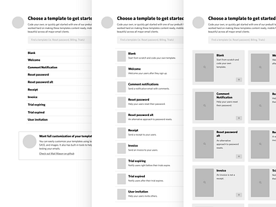 Wireframes for choosing an email template