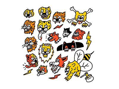 Wild kitties and dogs cartoon hand drawn illustration line
