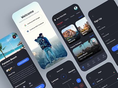 Booking App UI Kit - Dark UI app app design app ui app ui kit booking app booking app kit design travel app travel app kit ui ux