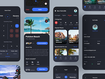 Booking App UI Kit - Dark UI app app design app ui booking app booking app kit design tarvel travel app travel app kit ui uihut ux