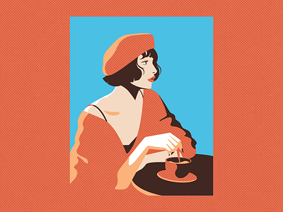 Woman drinks tea flat flat illustration halftone illustration minimalism retro vector woman